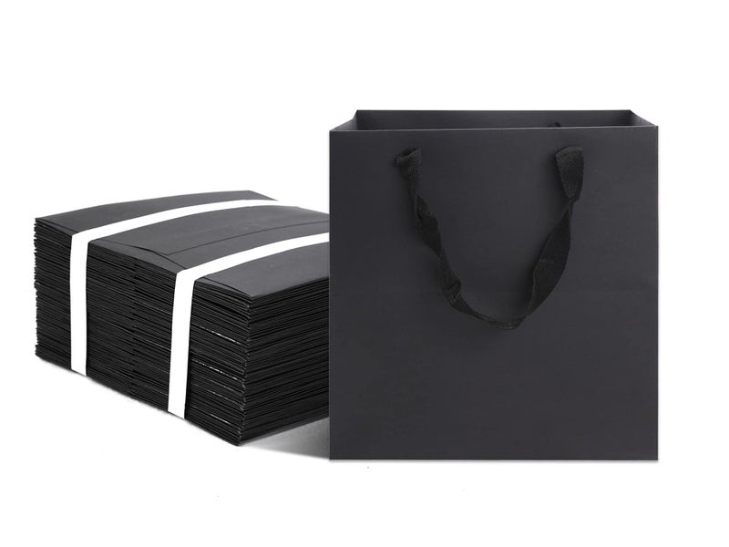 HUAPRINT Black Gift Bags With Handles 24 Pack 10x10x10 Inch Square Size Shopping Bags for Party Favor Goody Business Kraft Retail